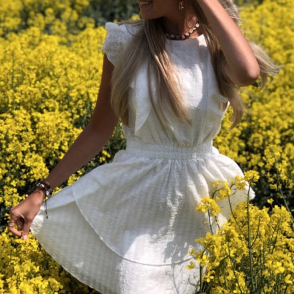 Bohemian White Ruffle Layered Mini Dress Minimalist - Picture 3 of 6